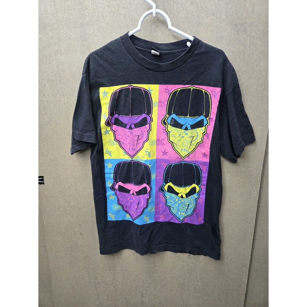 SoCal Neon Skull Bandana Graphic T-Shirt Black Size Large Streetwear‎ Y2K